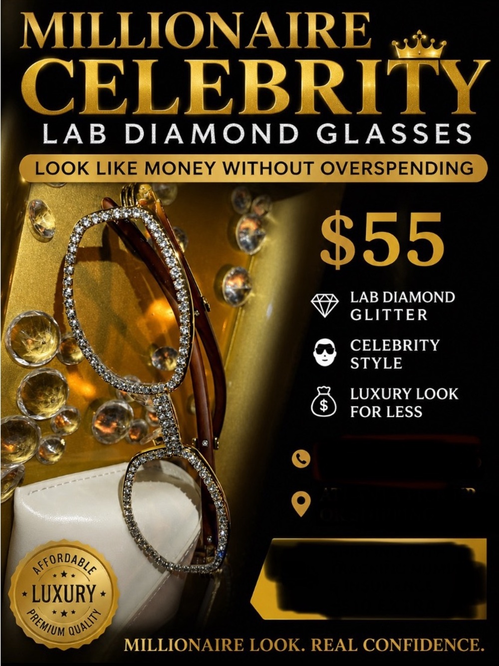 Millionaire Celebrity Lab Diamond Glasses - Gold Tone